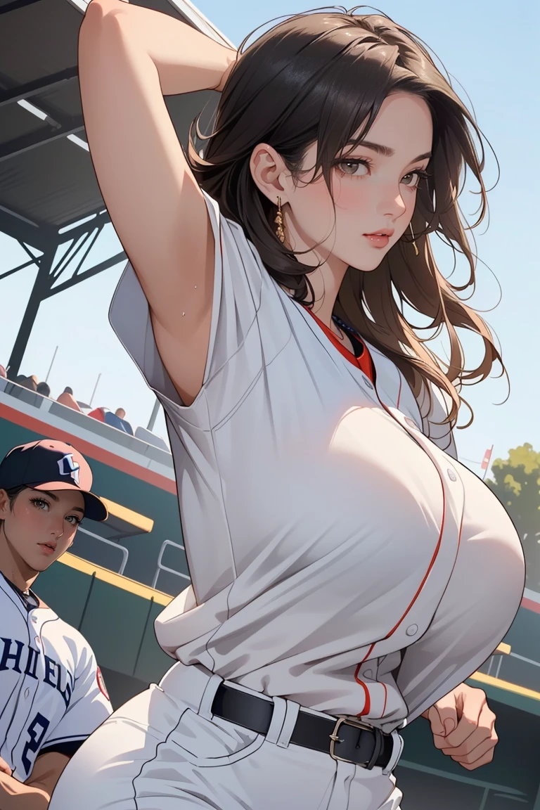 ((Masterpiece, top quality, high resolution)), ((highly detailed CG unified 8K wallpaper)), (huge stunning goddess shot, very hot and sexy, jaw-dropping beauty, perfect proportions, beautiful body, slim body beauty:1.3), female baseball player throwing a ball on a field, female baseball player, Detailed faces and hands, dynamic pictures, baseball action, full body shot,