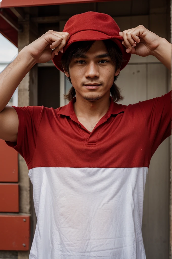 Draw a man who reminds me of a red whistle. But he is wearing a red hat. And if you are a student, make your hands look natural.
