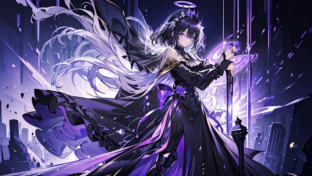 (Super detailed)),((illustration))，((masterpiece)),(((need))),((fine、Highest quality CG Unity 8K wallpapers，masterpiece），（（4K，masterpiece，best quality）），Black hair queen，Waist-length hair，Royal sister，Sexy，Tall figure，Lilac eyes，Standing upright in a coffin，Mature，Hair Bunch，Hair tied on both sides，Black and gold gauze robe，Black and purple French vintage clothing，Gorgeous pure black cape，Black veil，Purple-white halo，Black purple boots，Wearing a crown on the head，Holding a knight&#39;s sword，pyramid，Emitting dim purple light，Brilliant palace，The deep sea is filled with coffins，Mysterious symbols,individual，Full body picture