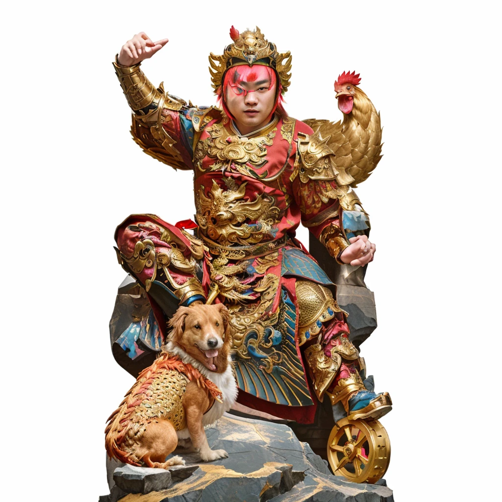 a young chinese man wearing dragon robe and armour. a dog, a rooster, chinese mythology, stepping a golden wheel, 