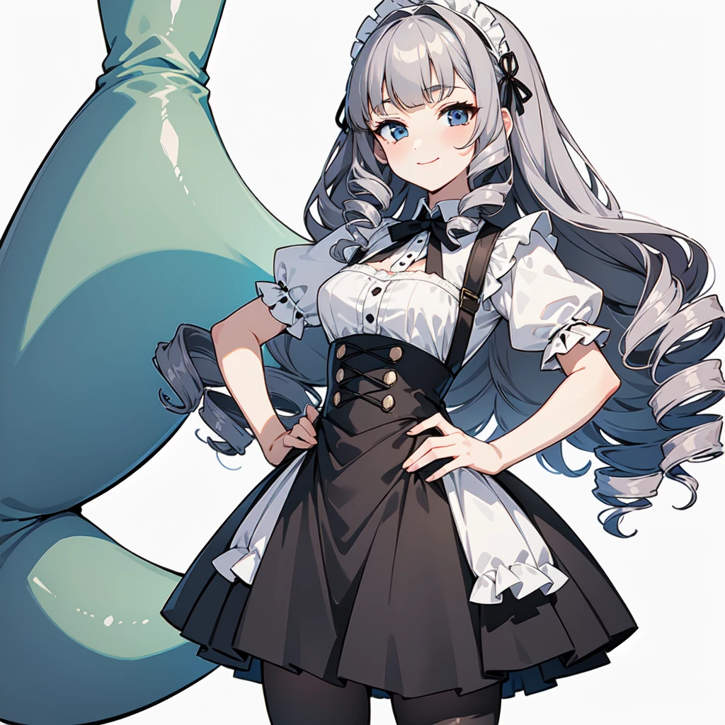 masterpiece, best quality, ultra high quality, 1girl, solo, young with long hair, curly hair, gray hair, blunt bangs, small breasts, neutral, kind smile, onee-chan, wearing a victorian white dress, maid, victorian dress, apron, leggings, black pantyhose, (upper body close up), standing, close-up, hands on hips, detailed hands, white background, simple background, mermaid,long tail