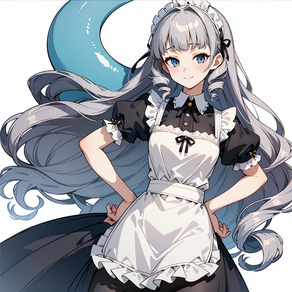 masterpiece, best quality, ultra high quality, 1girl, solo, young with long hair, curly hair, gray hair, blunt bangs, small breasts, neutral, kind smile, onee-chan, wearing a victorian white dress, maid, victorian dress, apron, leggings, black pantyhose, (upper body close up), standing, close-up, hands on hips, detailed hands, white background, simple background, mermaid,long tail