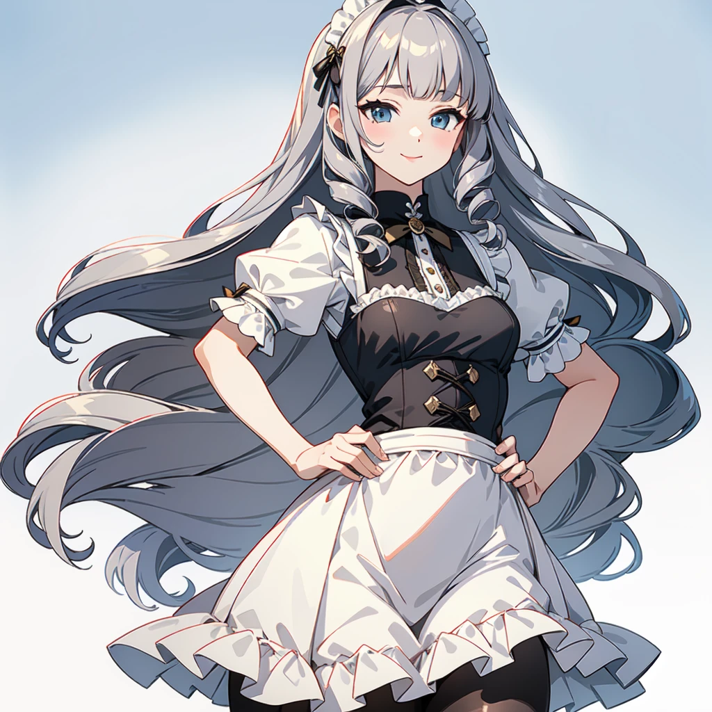 masterpiece, best quality, ultra high quality, 1girl, solo, young with long hair, curly hair, gray hair, blunt bangs, small breasts, neutral, kind smile, onee-chan, wearing a victorian white dress, maid, victorian dress, apron, leggings, black pantyhose, (upper body close up), standing, close-up, hands on hips, detailed hands, white background, simple background, mermaid,long tail