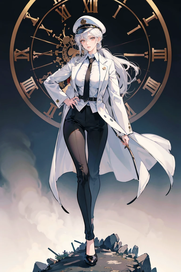 anime - (masterpiece), best quality, seductive eyes, mature face, brown eyes, long ponytail white hair, business suit, black pants, black necktie, white coat, peaked cap, full body, tall woman, long legs, adult-like female, 1girl, big breast, smug face, the background is a massive clock with a destroyed city