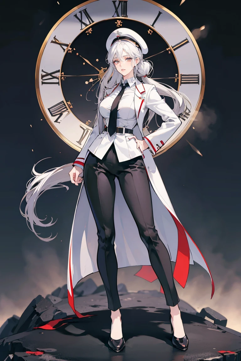 anime - (masterpiece), best quality, seductive eyes, mature face, brown eyes, long ponytail white hair, business suit, black pants, black necktie, white coat, peaked cap, full body, tall woman, long legs, adult-like female, 1girl, big breast, smug face, the background is a massive clock with a destroyed city
