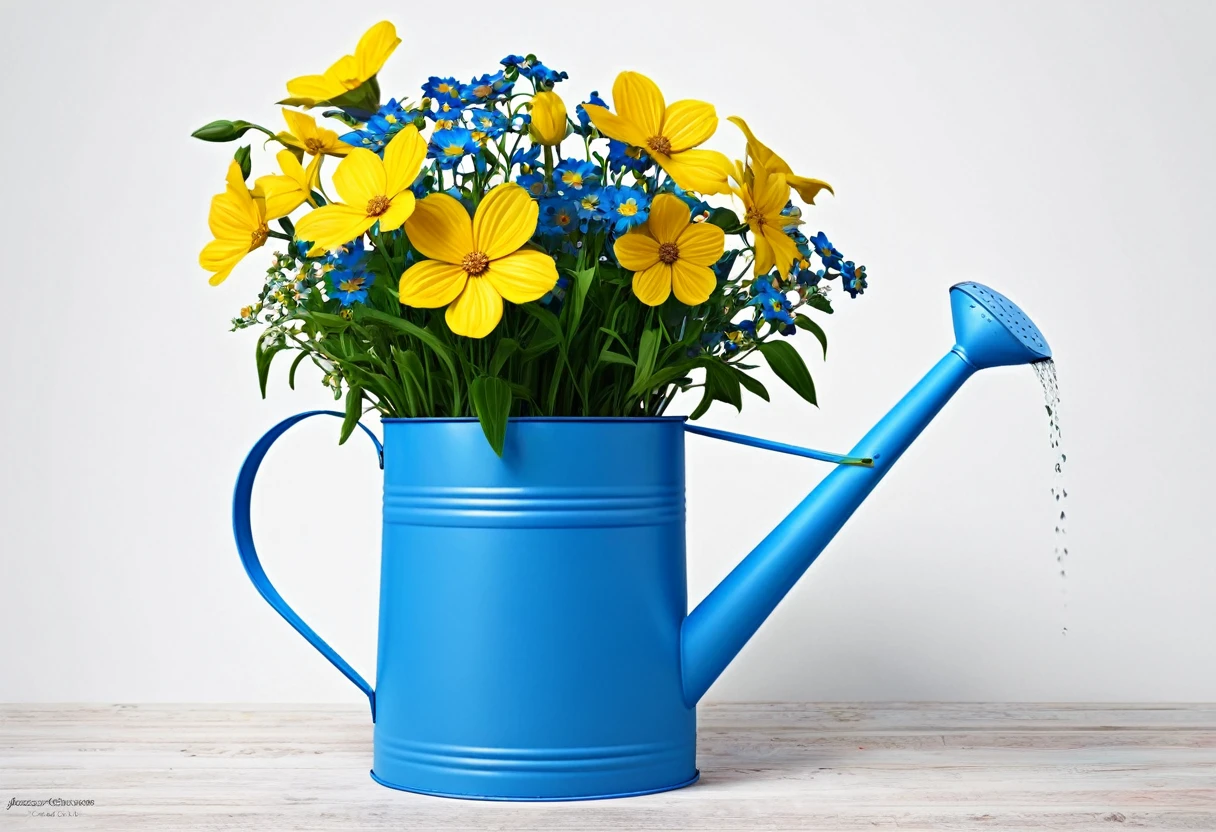 there is a picture of a watering can with flowers and a blue box, watering can, Traditional Arts, beautiful flower, Profile photo, ❤🔥🍄🌪, Beautiful art, Colorful flowers, Beautiful design, Blue flower accents, Beautiful artwork, Blue and yellow animals, Cottagecore!!, Beautiful graphics, Beautiful digital art, By Kiyoshi Yamashita
