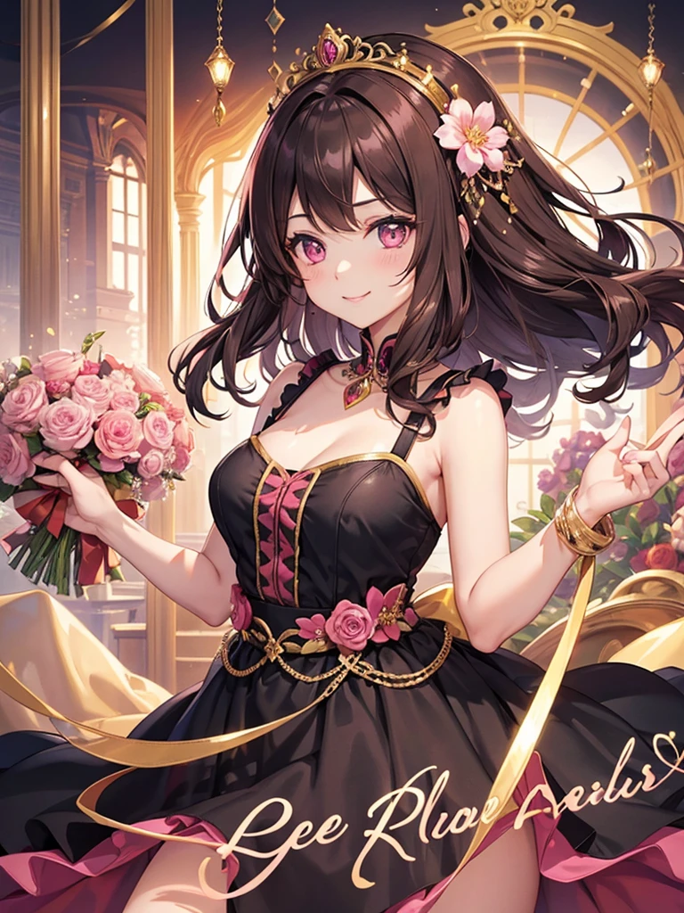 woman, pink eyes, long curry brown hair, kind smile. wear flower clips in her hair, she like princess, lady, wear luxury black dress, background in royal palace hall