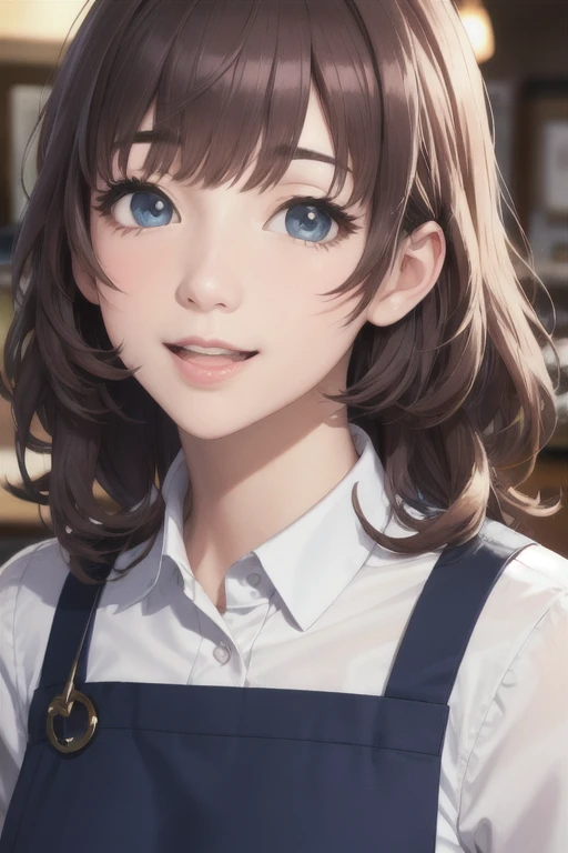 girl,Character design sheet,Beautiful attention to detail,Beautiful lip detail,Very detailed目と顔,Long eyelashes,Realistic,photoRealistic:1.37,Very detailed,Professional,Vibrant colors,Portraiture,Studio Lighting,Sharp focus,Physically Based Rendering,High resolution,超High resolution. blue eyes,Big eyes, Close ~ eyes,Long Hair,Curly hair、Black Hair,Lower eyes,apron,White Shirt,Chino pants,Open your mouth a little,Coffee shop,stand,Smile