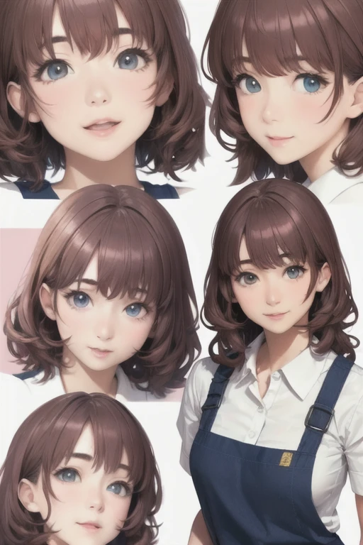 girl,Character design sheet,Beautiful attention to detail,Beautiful lip detail,Very detailed目と顔,Long eyelashes,Realistic,photoRealistic:1.37,Very detailed,Professional,Vibrant colors,Portraiture,Studio Lighting,Sharp focus,Physically Based Rendering,High resolution,超High resolution. blue eyes,Big eyes, Close ~ eyes,Long Hair,Curly hair、Black Hair,Lower eyes,apron,White Shirt,Chino pants,Open your mouth a little,Coffee shop,stand,Smile