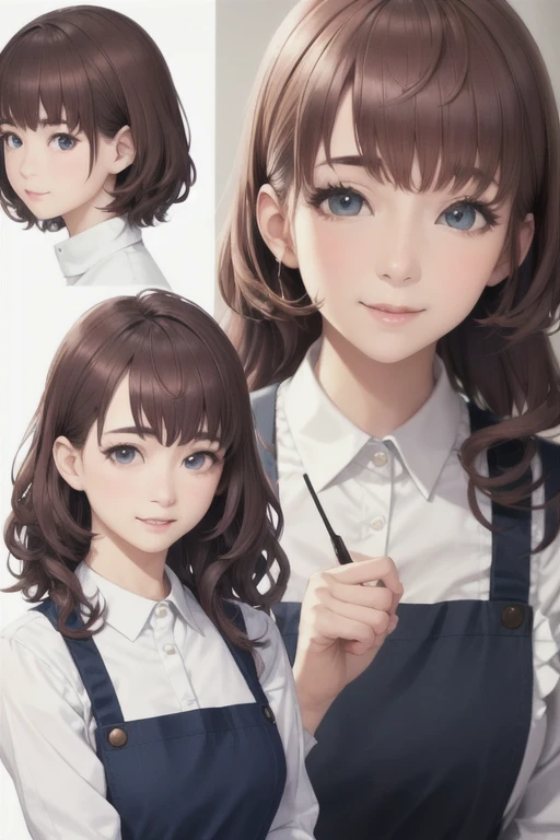 girl,Character design sheet,Beautiful attention to detail,Beautiful lip detail,Very detailed目と顔,Long eyelashes,Realistic,photoRealistic:1.37,Very detailed,Professional,Vibrant colors,Portraiture,Studio Lighting,Sharp focus,Physically Based Rendering,High resolution,超High resolution. blue eyes,Big eyes， Close ~ eyes，Long Hair，Curly hair、Black Hair，Lower eyes，apron，White Shirt，Chino pants，Open your mouth a little，Coffee shop，stand，Smile