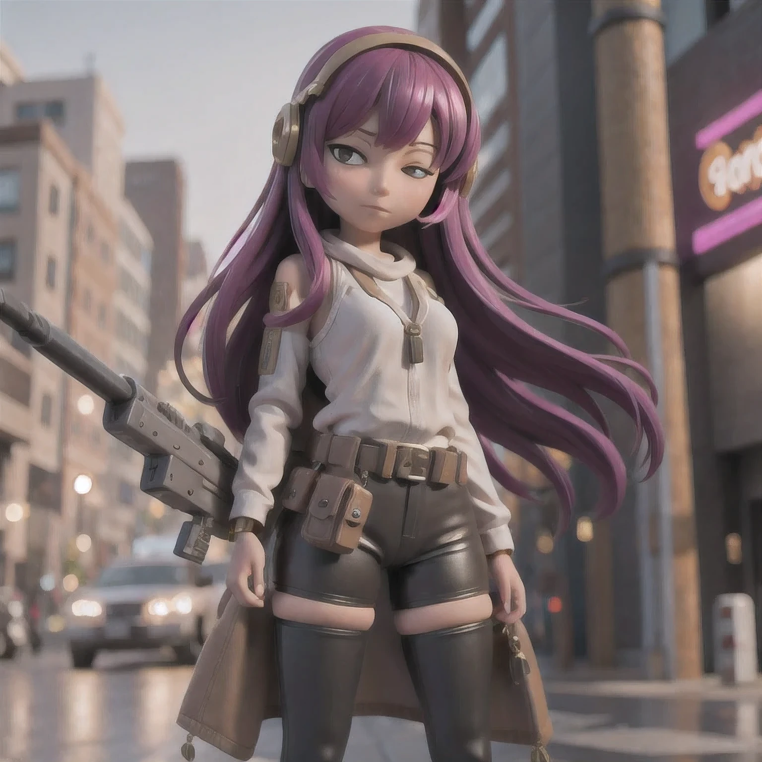 fish
1girl
bangs
blurry
blurry background
blurry foreground
breasts
brown eyes
closed mouth
depth of field
gun
long hair
looking at viewer
mecha
mole
motion blur
multicolored hair
pink hair
smile
solo
thigh strap