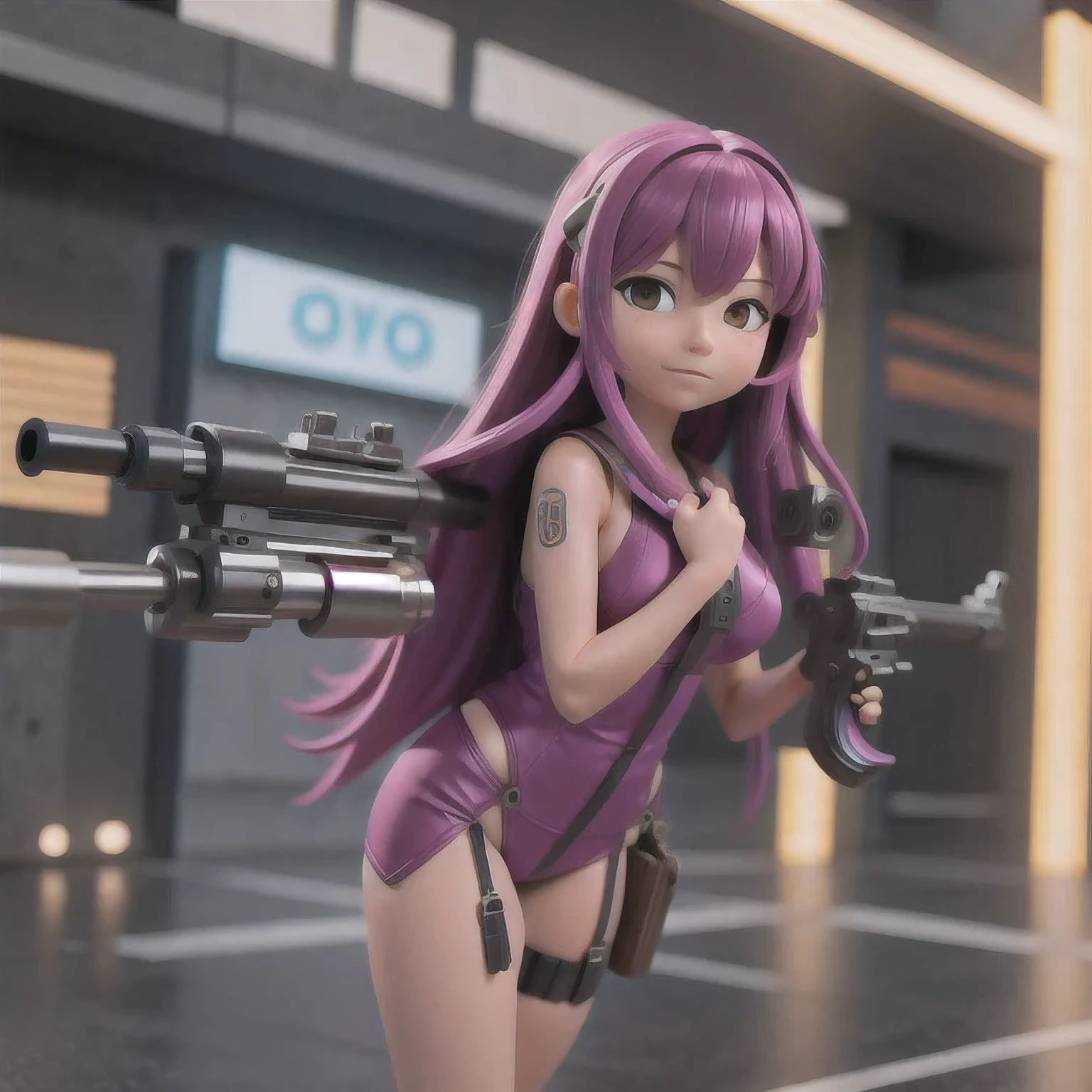 fish
1girl
bangs
blurry
blurry background
blurry foreground
breasts
brown eyes
closed mouth
depth of field
gun
long hair
looking at viewer
mecha
mole
motion blur
multicolored hair
pink hair
smile
solo
thigh strap