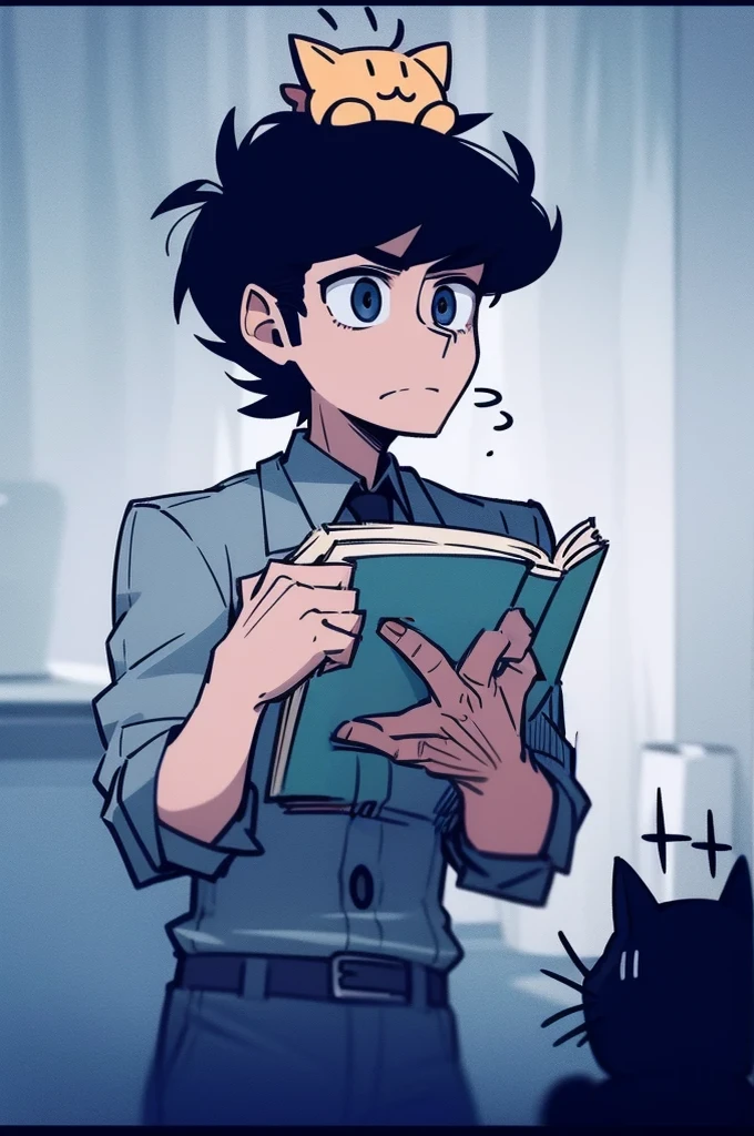 Draw a picture of a man about with black hair, reading a book, and there is a small puppy on his head.
