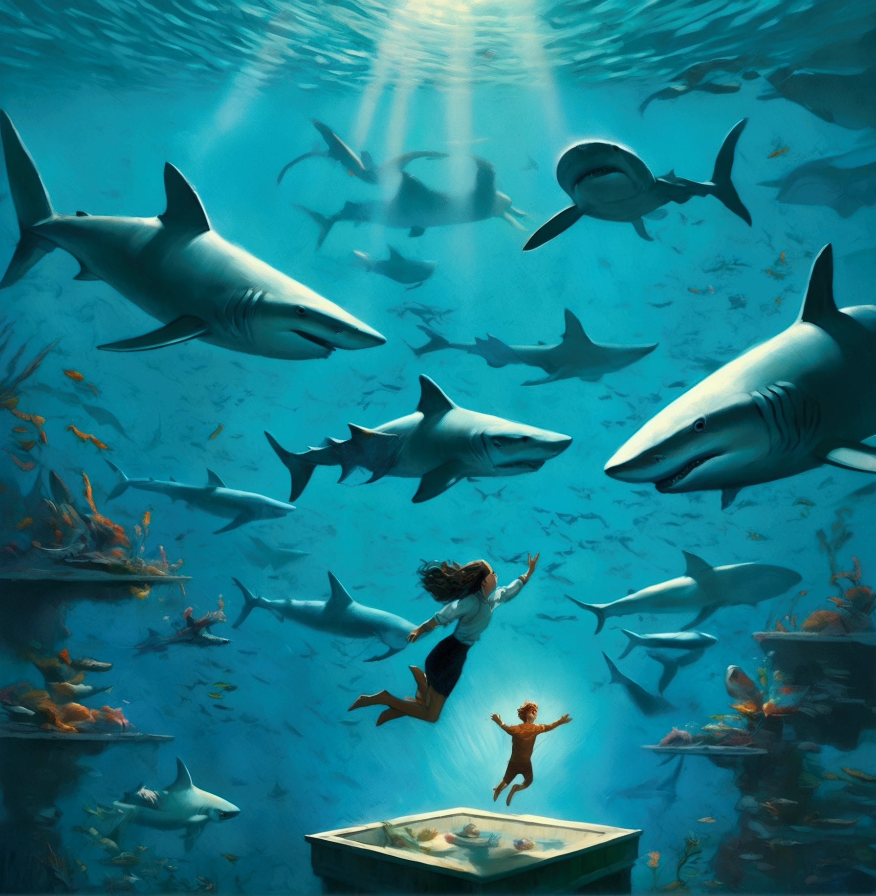 Illustration of a person, jumping into the ocean with sharks and fish, a surrealist painting, inspired by Cyril Rolando, CG Society Competition Winner, fantastic realism, Cyril Rolando & M.w Kaluta, Cyril Rolando & M. w Kaluta, Rob Gonsalves and Tim White, Jim Warren and Rob Gonsalves, in the style of Cyril Rolando