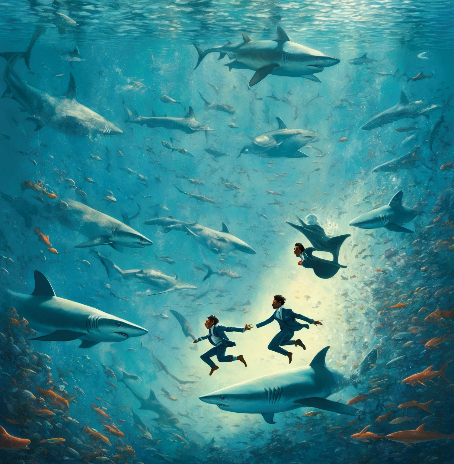 Illustration of a person, jumping into the ocean with sharks and fish, a surrealist painting, inspired by Cyril Rolando, CG Society Competition Winner, fantastic realism, Cyril Rolando & M.w Kaluta, Cyril Rolando & M. w Kaluta, Rob Gonsalves and Tim White, Jim Warren and Rob Gonsalves, in the style of Cyril Rolando