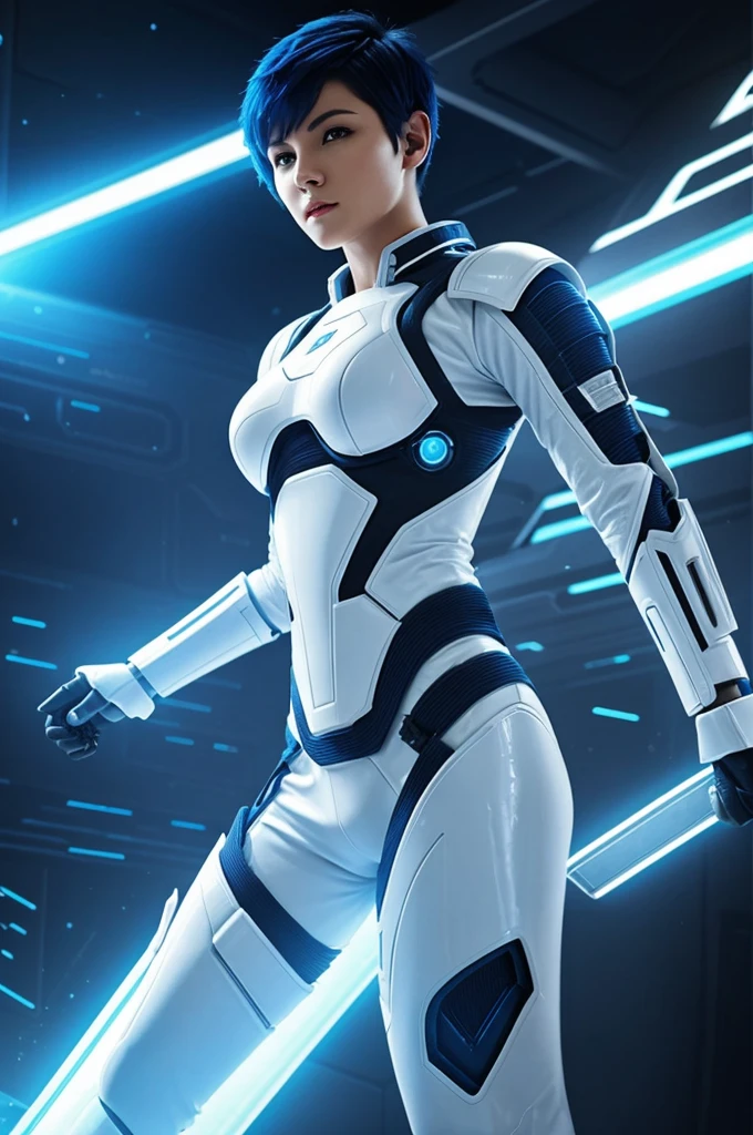 a novelistic picture of a woman warrior with short blue hair wearing a sci-fi white futuristic gear, she is a sci-fi fighter in a sci-fi holographic world. sexy pose