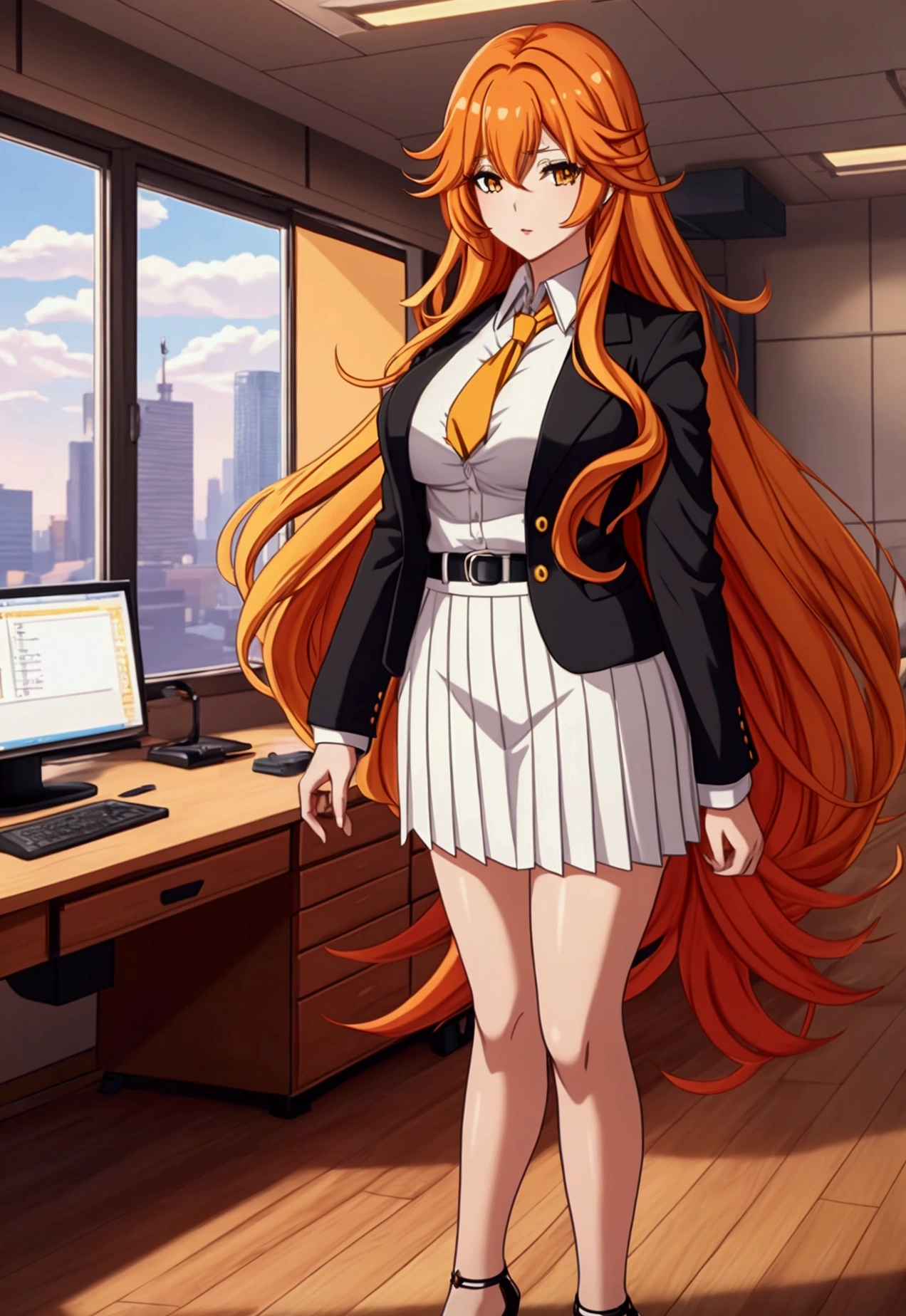 ol professional woman，28 years old，long hair anime girl, She has long orange-yellow hair.，Red and yellow hair，Attractive anime girl,White shirt，White shirt，Black hip skirt，business attire，office，city building，现代office，Very long hair，Large Breasts,Keep files,Exciting appearance，Front view，First Perspective，high quality，16K，Exciting appearance，very clearly，Exquisite mature facial，Royal sister，Alone，Standing front，Hands hanging down，High heel，whole body