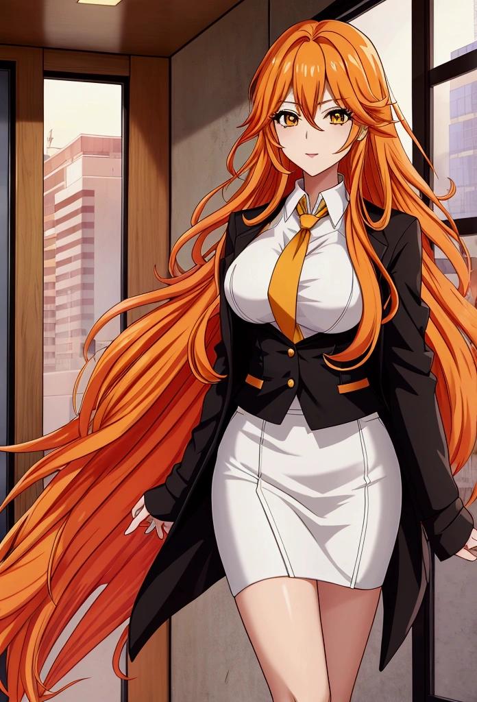 ol professional woman，28 years old，long hair anime girl, She has long orange-yellow hair.，Red and yellow hair，Attractive anime girl,White shirt，White shirt，Black hip skirt，business attire，office，city building，现代office，Very long hair，Large Breasts,Keep files,Exciting appearance，Front view，First Perspective，high quality，16K，Exciting appearance，very clearly，Exquisite mature facial，Royal sister，Alone，Standing front，Hands hanging down，High heel，whole body