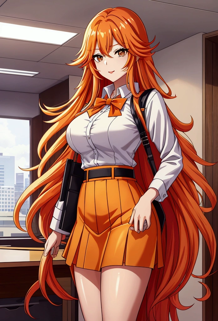 ol professional woman，28 years old，long hair anime girl, She has long orange-yellow hair.，Red and yellow hair，Attractive anime girl,White shirt，White shirt，Black hip skirt，business attire，office，city building，现代office，Very long hair，Large Breasts,Keep files,Exciting appearance，Front view，First Perspective，high quality，16K，Exciting appearance，very clearly，Exquisite mature facial，Royal sister，Alone，Standing front，Hands hanging down，High heel，whole body