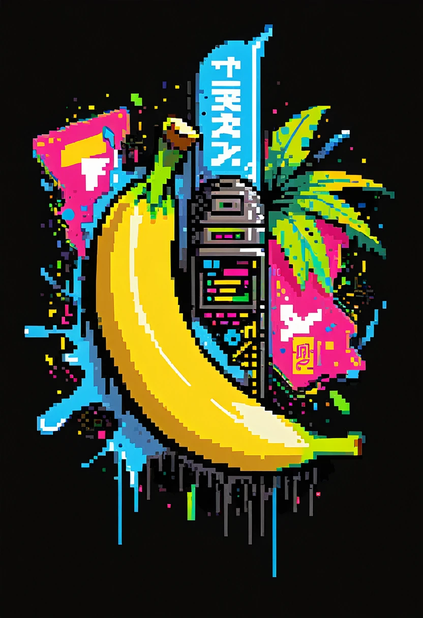 Create a sticker illustration of a banana inspired by the video game Cyberpunk 2077 with a 2D graffiti effect. The sticker should have no background, with only the banana shape and a prominent white outline around the edges. All design elements must be contained within the shape of the banana, and none should extend beyond its edges. The peel of the banana should not be yellow but instead be replaced by the following Cyberpunk 2077 elements, all depicted in a graffiti style: - A deep matte black base for the peel, symbolizing the dark streets of Night City. - Blue neon circuit lines running across the banana’s surface, resembling cybernetic implants, with a spray-paint texture. - The "Samurai" logo near the tip of the banana, designed in a graffiti font and style. - Stickers of in-game brands like Arasaka and Militech, and gang symbols like "The Moxes", all depicted with a street art aesthetic. - Modernized tribal tattoo motifs and hacking icons in red and green neon, rendered with a graffiti effect. - Sections with light effects mimicking the neon lights of Night City, with a pulsating spray-paint effect around the circuits. - A small, metallic chrome-plated label near the base with the inscription "Cyber Choice" in a graffiti font. Ensure the design is vibrant, edgy, and high-tech, with the stylized interior capturing the futuristic and dystopian ambiance of Cyberpunk 2077, all within the iconic shape of a banana. All elements must be contained within the banana and not extend beyond its edges.