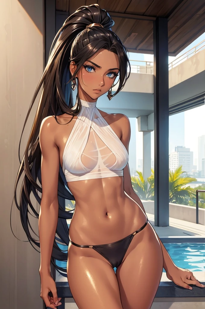 1girl,a beautiful fashion model ,(masterpiece, official art, best quality) (blue eyes) ,long and shiny hair, black hair, long ponytail, hair strand between eyes, full lips, upturned nose ((((tan skin, bronze skin, 1.3)))), big , stripping, elegant makeup, exhibitionism, naked in public, akali, slim thighs, toned body, shiny skin, sexy pose, blue eyes, slender, skinny, slim, bewildered, shocked, blush, narrow hips, wearing black thong and see-through top,