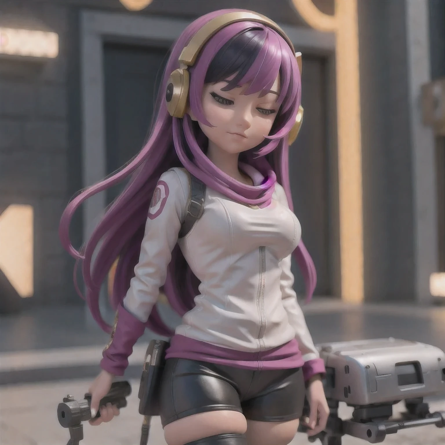 fish
1girl
bangs
blurry
blurry background
blurry foreground
breasts
brown eyes
closed mouth
depth of field
gun
long hair
looking at viewer
mecha
mole
motion blur
multicolored hair
pink hair
smile
solo
thigh strap