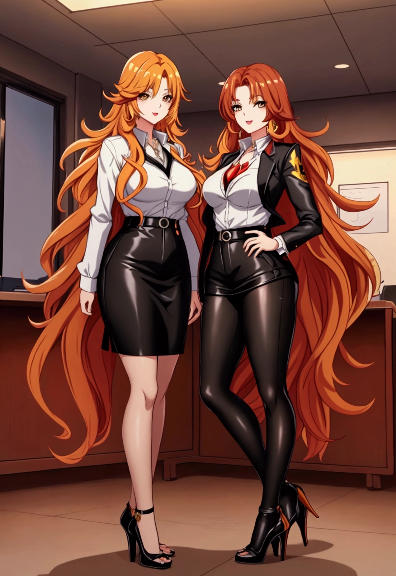 ol professional woman,28 years old,long hair anime girl, She has long orange-yellow hair.,Red and yellow hair,Attractive anime girl,White shirt,White shirt,Black hip skirt,business attire,office,city building,现代office,Very long hair,Large ,Keep files,Exciting appearance,Front view,First Perspective,high quality,16K,Exciting appearance,very clearly,Exquisite mature ,Royal sister,Alone,Standing front,Hands hanging down,High heel,whole body
