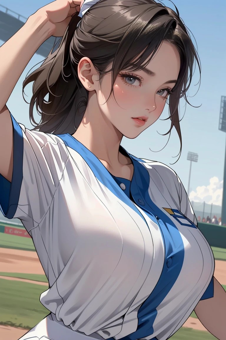 ((Masterpiece, top quality, high resolution)), ((highly detailed CG unified 8K wallpaper)), (huge stunning goddess shot, very hot and sexy, jaw-dropping beauty, perfect proportions, beautiful body, slim body beauty:1.3), female baseball player throwing a ball on a field, female baseball player, Detailed faces and hands, dynamic pictures, baseball action, full-body shot,