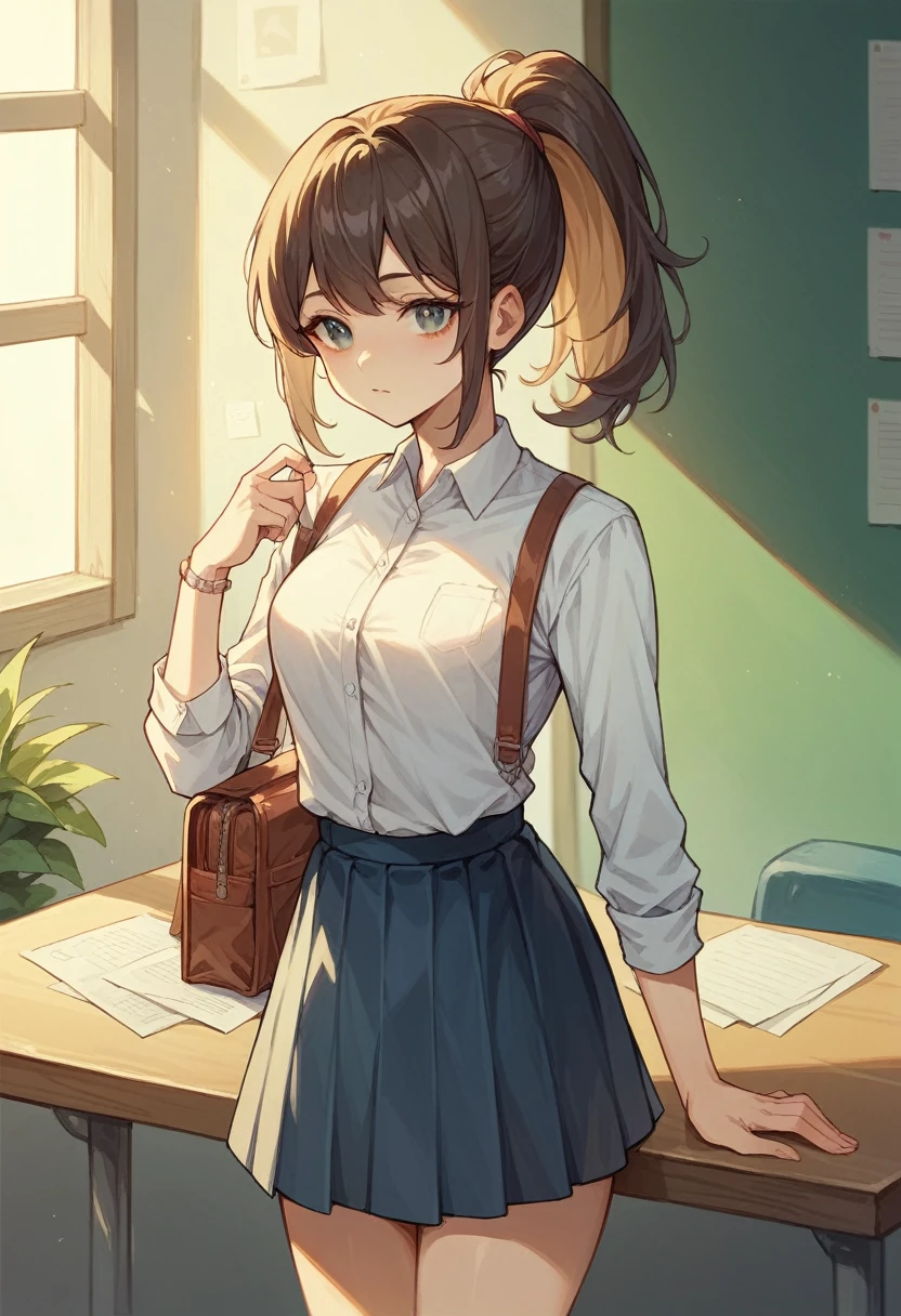 Lovely young face,adult,university student25yo,Coquettish,simple outfit,elegance,ponytail hair ,skirt, shirt,kabedon