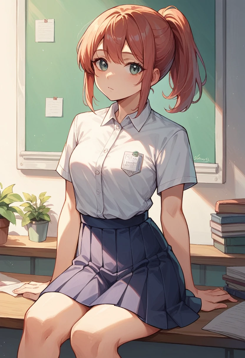 Lovely young face,adult,university student25yo,Coquettish,simple outfit,elegance,ponytail hair ,skirt, shirt,kabedon