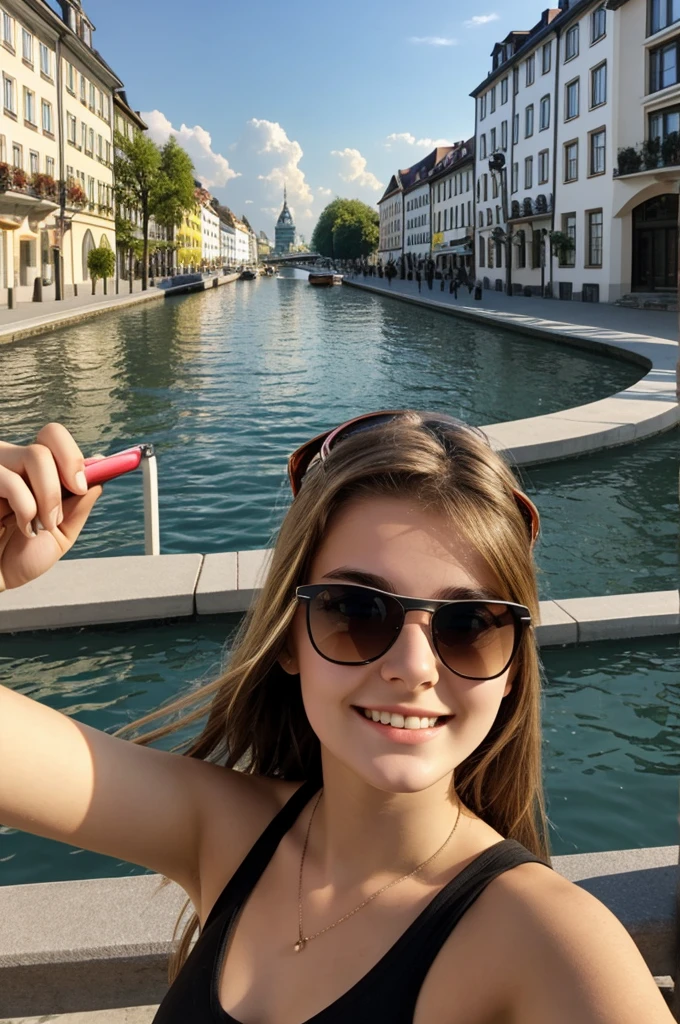 A beautiful 17-year-old German young lady wearing sunglasses and taking a selfie