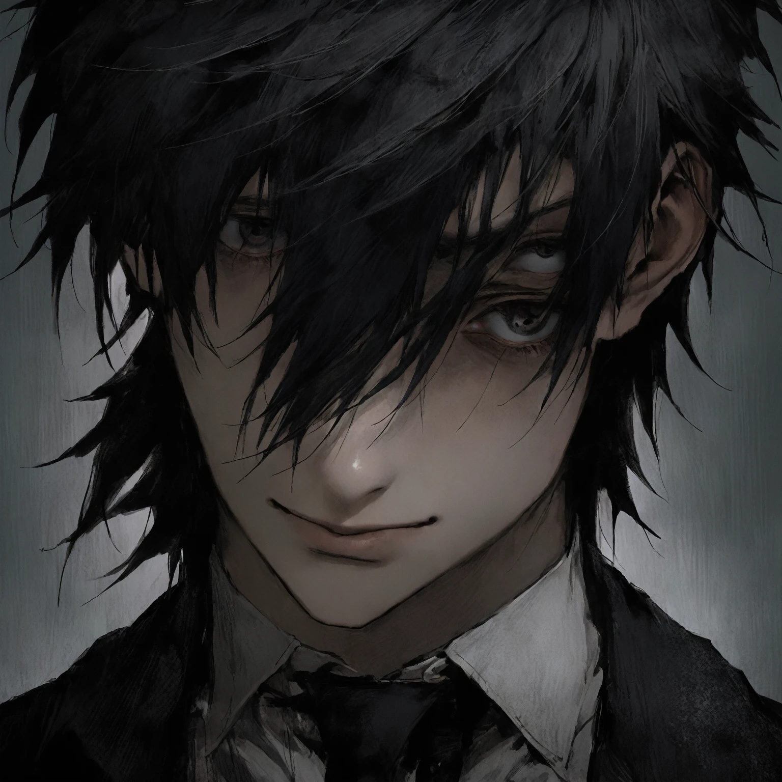 ((vindictive)), ((spoiteful)), An alluring portrayal of a boy with an emo aesthetic, highlighting his gorgeous face against a dark backdrop. His features should exude a sense of mystery and depth, with (messy:1.2) and (tousled:1.1) hair falling over one eye. He is dressed in a classic outfit that complements his style, with a (modern twist:1.1). The image should have a (contrasting:1.2) lighting, emphasizing the contours of his face and creating a captivating interplay of light and shadow. The overall tone should be moody and atmospheric, capturing the essence of his emo persona.