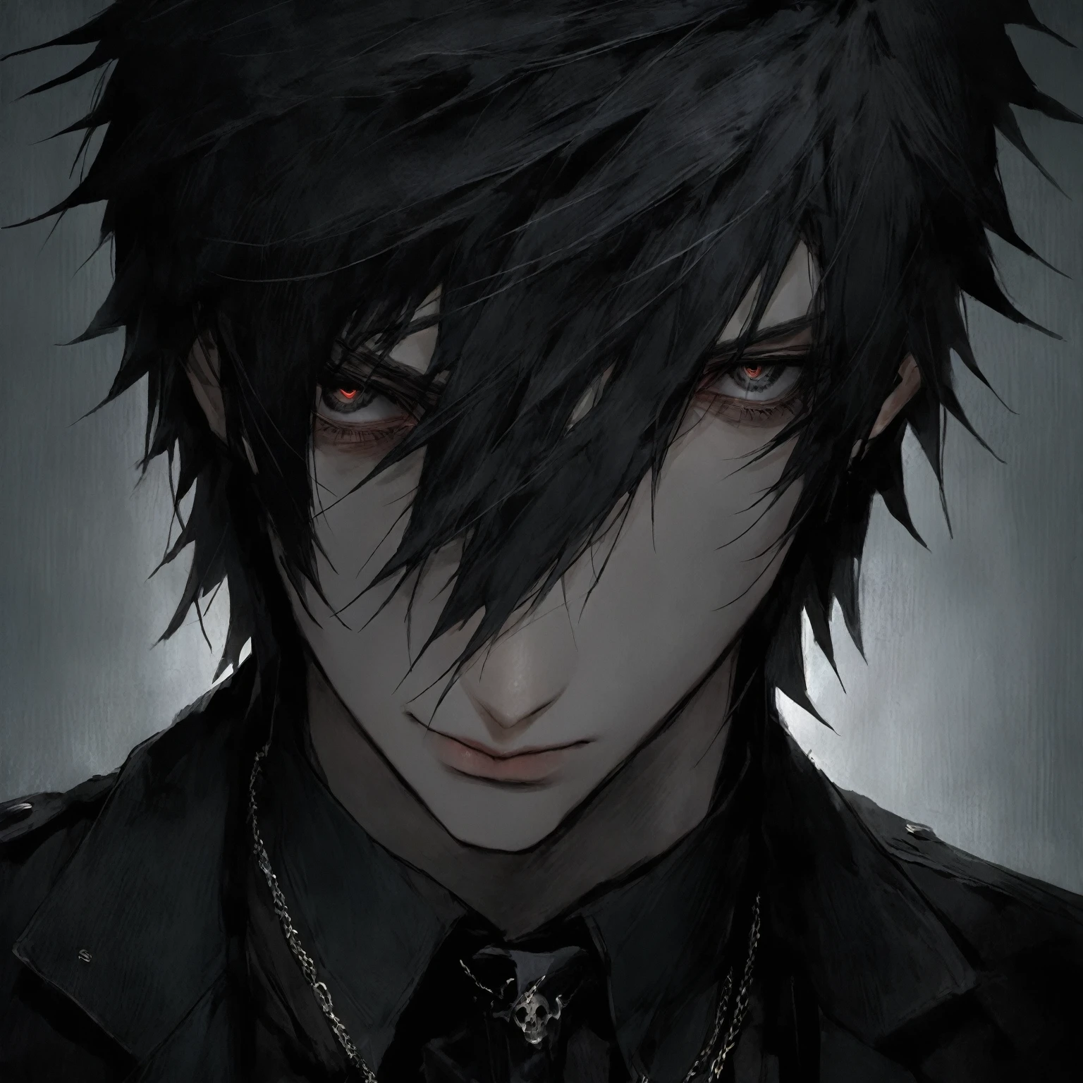 ((vindictive)), ((spoiteful)), An alluring portrayal of a boy with an emo aesthetic, highlighting his gorgeous face against a dark backdrop. His features should exude a sense of mystery and depth, with (messy:1.2) and (tousled:1.1) hair falling over one eye. He is dressed in a classic outfit that complements his style, with a (modern twist:1.1). The image should have a (contrasting:1.2) lighting, emphasizing the contours of his face and creating a captivating interplay of light and shadow. The overall tone should be moody and atmospheric, capturing the essence of his emo persona.