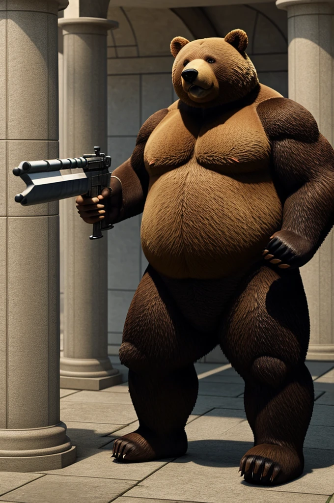 Fat bear with perfect body and holding a Pillar weapon with an asteatic pose