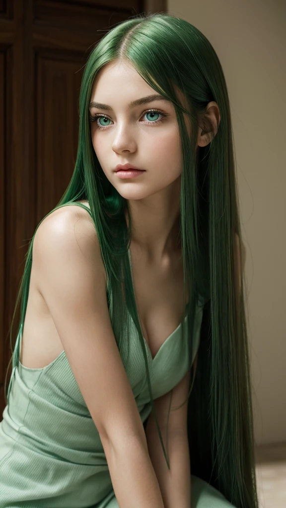 a girl. face sent feeling. Europe. Oval face. long face. delicate facial features. sad eyes. seductively seductive. green eyes. long straight hair. green hair. very sad expression. shy sitting posture