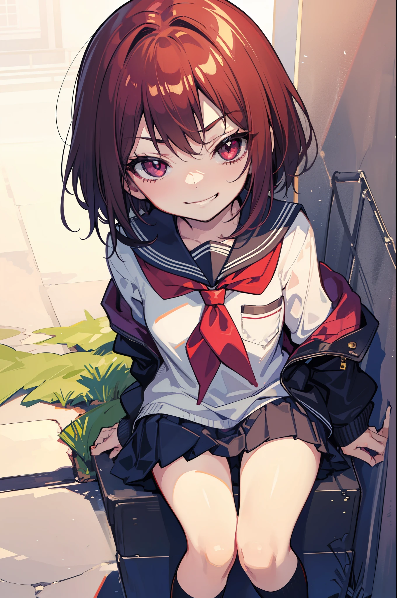 (Ideal:1.1), (perfect:1.1), (flawless:1.1), (highest quality:1.2), (best quality:1.2), street, 1girl, (evil smirk:1.1), (dominant smirk:1.1), (loli:1.2), young, (school uniform:1.1), detailed body, sexy thighs, small breasts, short hair, crimson eyes, high quality eyes, 4K, highest quality resolution, best quality resolution, best quality upscale,