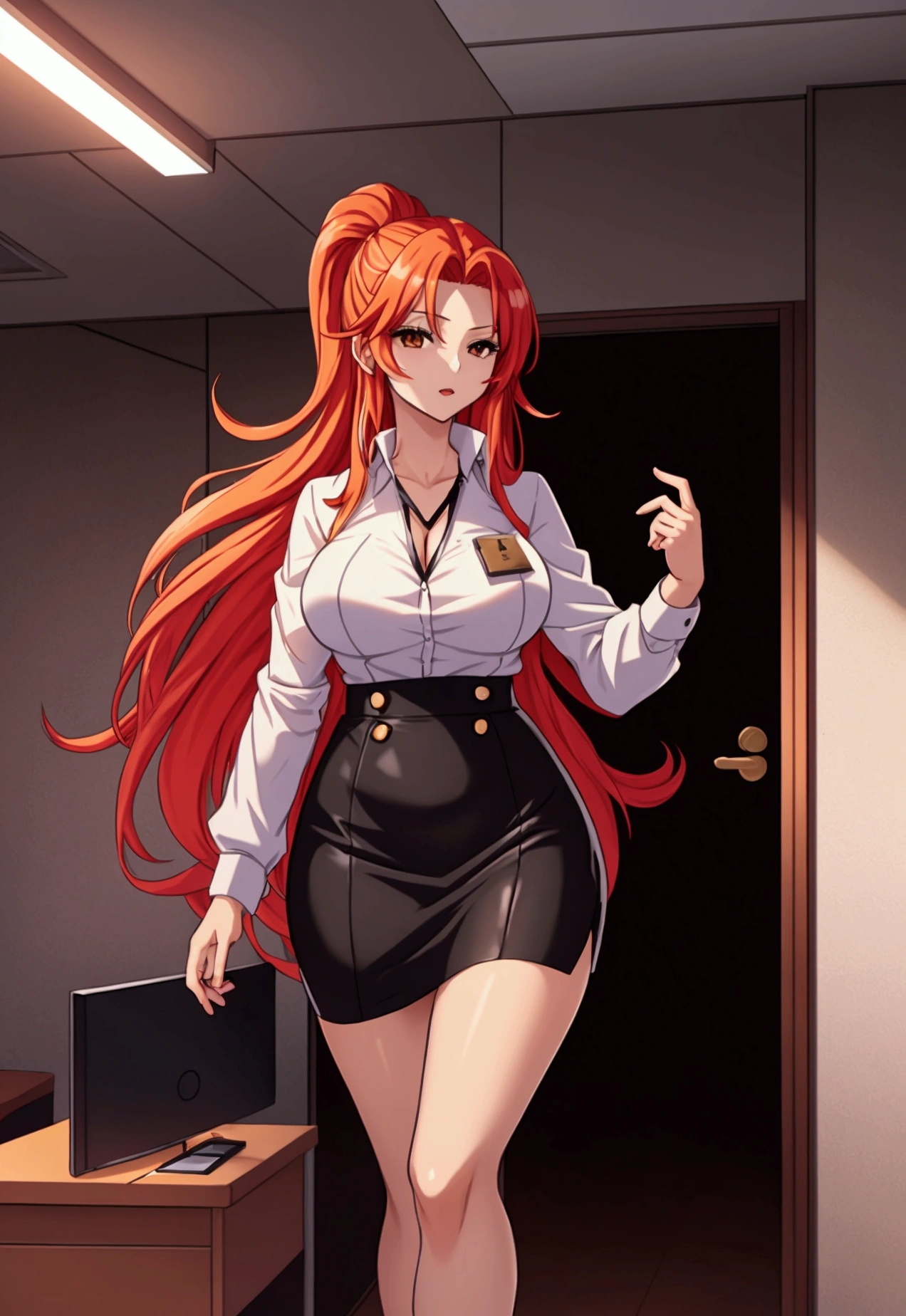 ol professional woman，28 years old，long hair anime girl, She has long red gradient hair，Red and yellow hair，Attractive anime girl,White shirt，White shirt，Black hip skirt，business attire，office，city building，现代office，Very long hair，Large Breasts,Keep files,Exciting appearance，Front view，First Perspective，high quality，16K，Exciting appearance，very clearly，Exquisite mature facial，Royal sister，Alone，Standing front，Hands hanging down，High heel，whole body