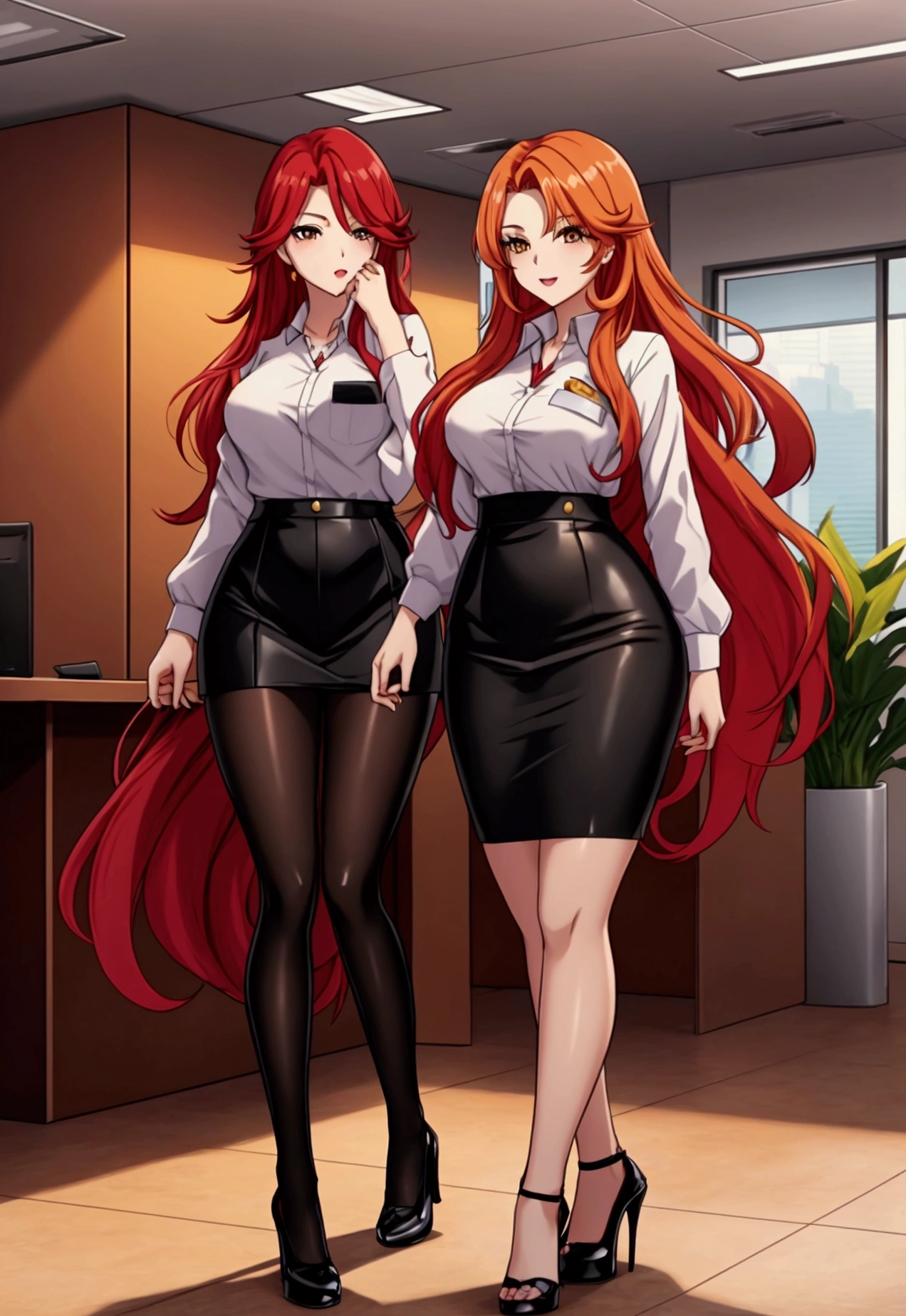 ol professional woman，28 years old，long hair anime girl, She has long red gradient hair，Red and yellow hair，Attractive anime girl,White shirt，White shirt，Black hip skirt，business attire，office，city building，现代office，Very long hair，Large Breasts,Keep files,Exciting appearance，Front view，First Perspective，high quality，16K，Exciting appearance，very clearly，Exquisite mature facial，Royal sister，Alone，Standing front，Hands hanging down，High heel，whole body