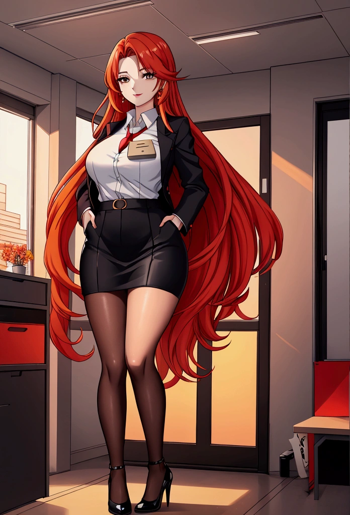 ol professional woman，28 years old，long hair anime girl, She has long red gradient hair，Red and yellow hair，Attractive anime girl,White shirt，White shirt，Black hip skirt，business attire，office，city building，现代office，Very long hair，Large Breasts,Keep files,Exciting appearance，Front view，First Perspective，high quality，16K，Exciting appearance，very clearly，Exquisite mature facial，Royal sister，Alone，Standing front，Hands hanging down，High heel，whole body