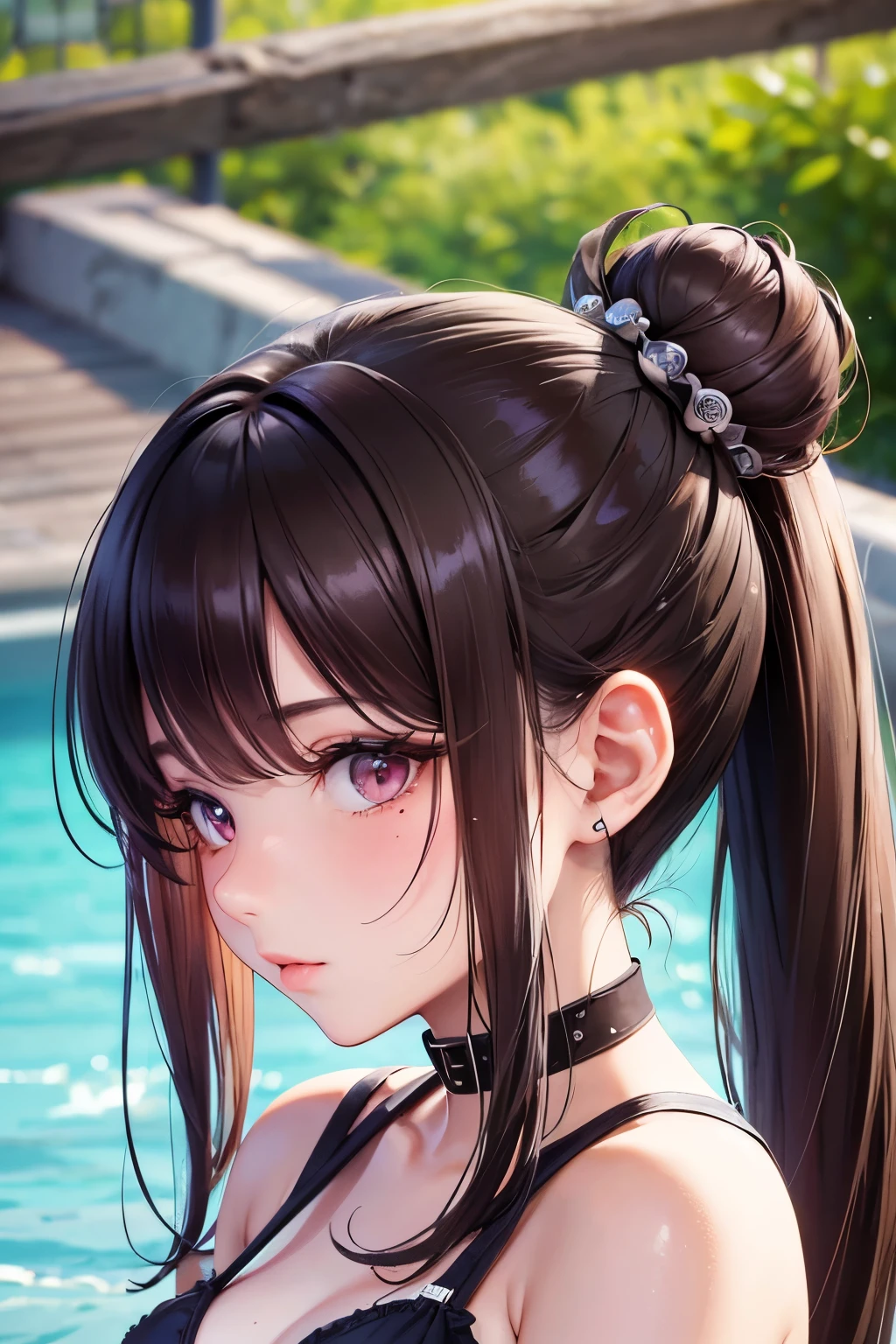masterpiece, best quality, very detailed, high resolution, expensive resolution, high resolution, 4K, 8k, Unity 8k wallpaper, highly detailed CG, masterpiece, 2D, 3D, beautiful details, depth, fine texture, best quality: 1.3, perfect focus, crisp skin, him,
Very cute anime girl, swimsuit style, expensive brown hair in twin tail bun, cute swimsuit style,
Mole under eye, look at the beholder, expensive, blush, mole, open lips, pink eyes, heart shaped choker