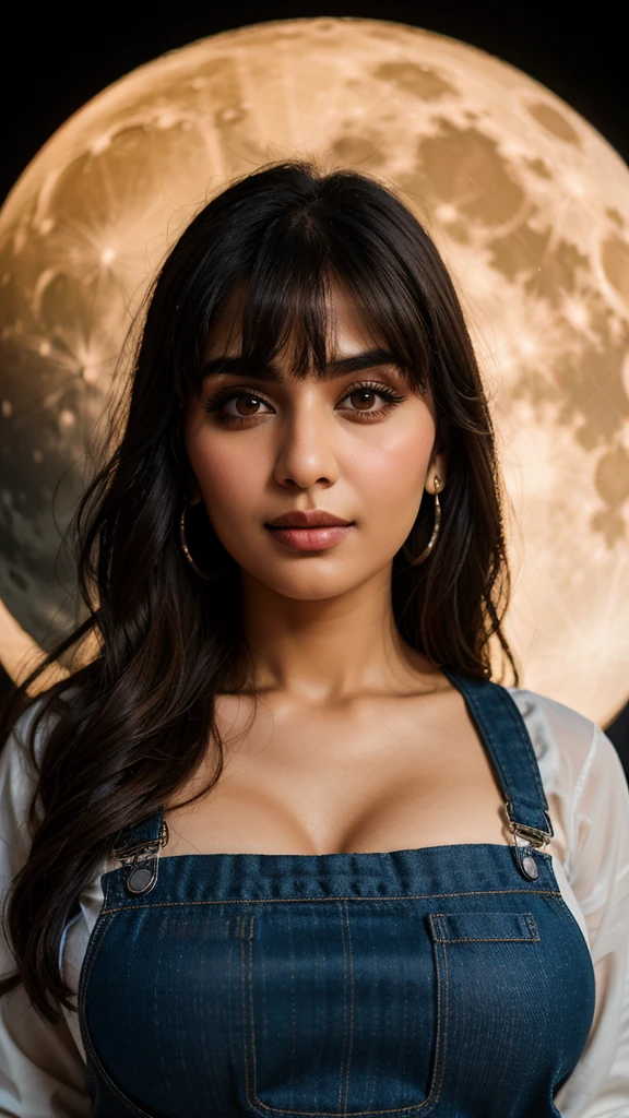 closeup portrait of Pakistani skswoman, neutral , wearing overalls , big breasts with bra, with silver Side-swept bangs , background moon epic (photo, studio lighting, hard light, sony a7, 50 mm, matte skin, pores,