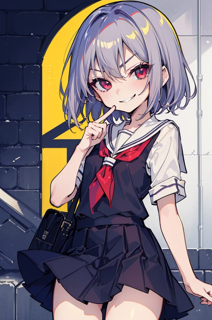 (Ideal:1.1), (perfect:1.1), (flawless:1.1), (highest quality:1.2), (best quality:1.2), street, 1girl, (evil smirk:1.1), (dominant smirk:1.2), sharp smirk, (loli:1.4), young, (school uniform:1.1), detailed body, sexy thighs, small breasts, short hair, crimson eyes, high quality eyes, 4K, highest quality resolution, best quality resolution, best quality upscale,