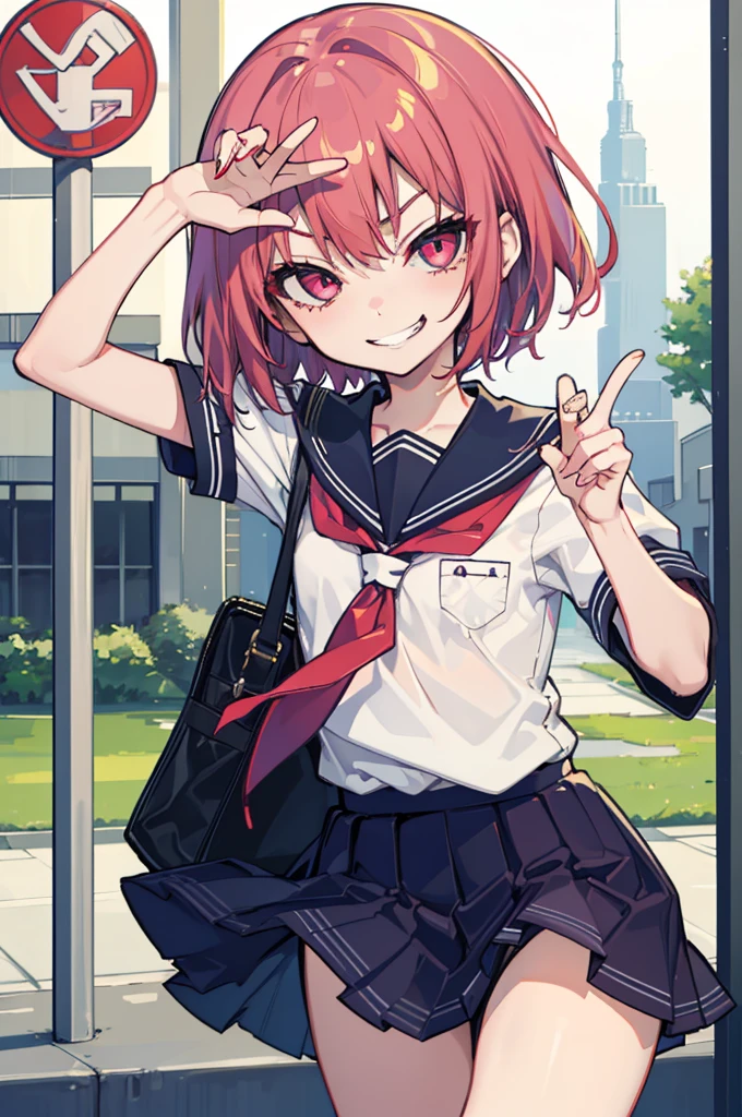 (Ideal:1.1), (perfect:1.1), (flawless:1.1), (highest quality:1.2), (best quality:1.2), street, 1girl, (evil smirk:1.1), (dominant smirk:1.2), sharp smirk, (:1.4), young, (school uniform:1.1), detailed body, sexy thighs, small breasts, short hair, crimson eyes, high quality eyes, 4K, highest quality resolution, best quality resolution, best quality upscale,