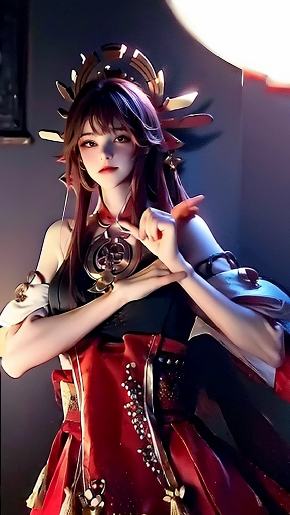 1girl in, Solo,cute little、(red pupils:1.4)、Live costumes、Black Gloves