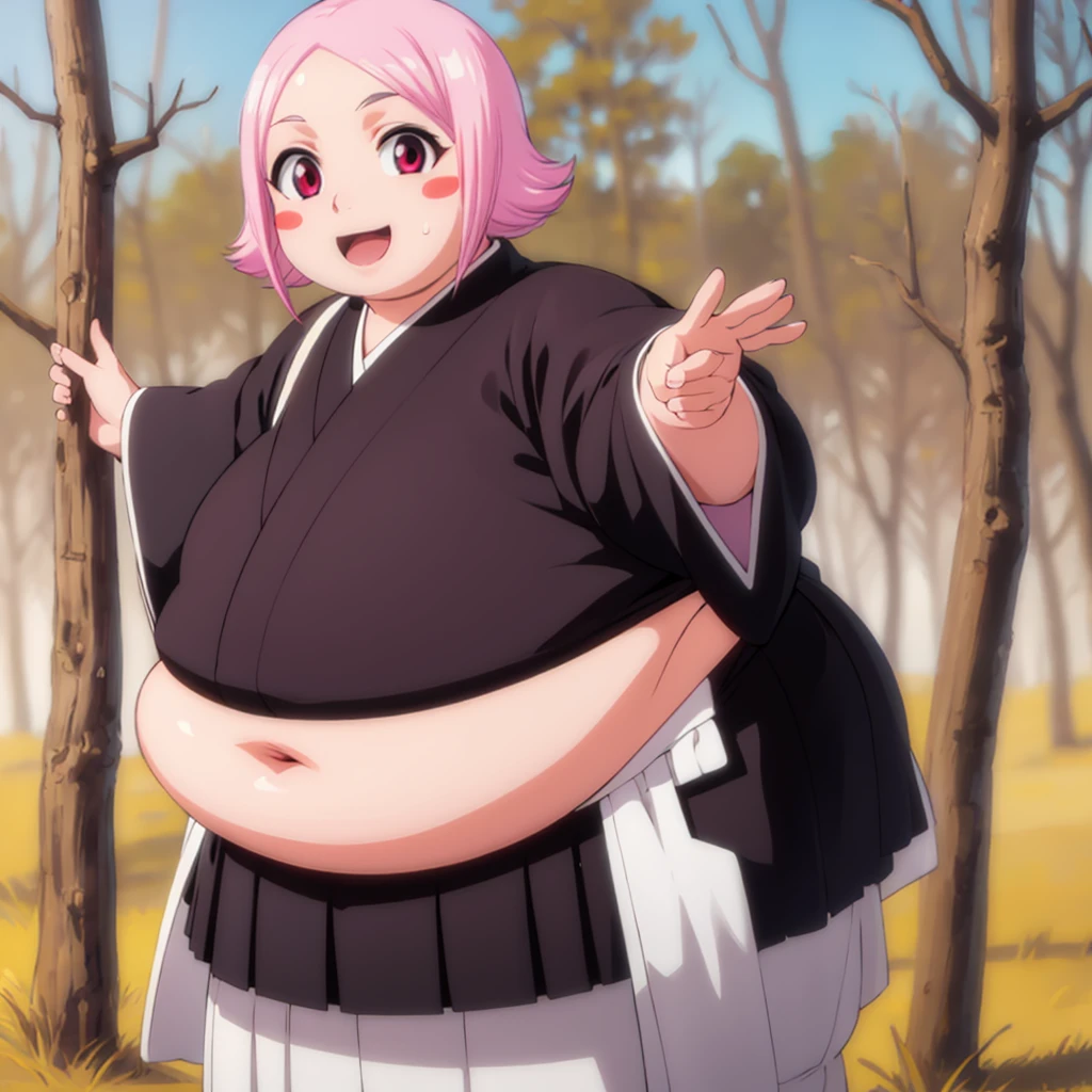 yachirukusajishi, yachiru kusajishi, short hair, pink hair, (pink eyes:1.5), blush stickers, open mouth, forehead,
BREAK long sleeves, japanese clothes, hakama, black hakama,
BREAK outdoors,
BREAK looking at viewer, (cowboy shot:1.5),
BREAK (masterpiece:1.2), best quality, high resolution, unity 8k wallpaper, (illustration:0.8), (beautiful detailed eyes:1.6), extremely detailed face, perfect lighting, extremely detailed CG, (perfect hands, perfect anatomy), standing, shy, smile, blush, solo, 1girl, SSBBW yachiru kusajishi, big cheeks, ssbbw, severely obese ,600lbs obese female, no pupils, ultra detailed, masterpiece, best quality, aesthetic, detailed, Fluffy and Fat Face, Big Butt, Big Cheeks, Obese Body, Sexy, Obese Girl, oddeye, Happy, Cute Expression, Very Hot, NSFW art