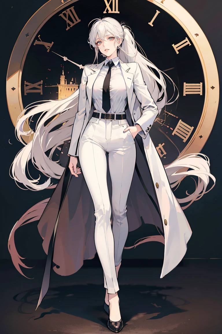 anime - (masterpiece), best quality, seductive eyes, mature face, brown eyes, long ponytail white hair, business suit, black pants, black necktie, white coat, peaked cap, full body, tall woman, long legs, adult-like female, 1girl, big breast, smug face, the background is a massive clock with a destroyed city
