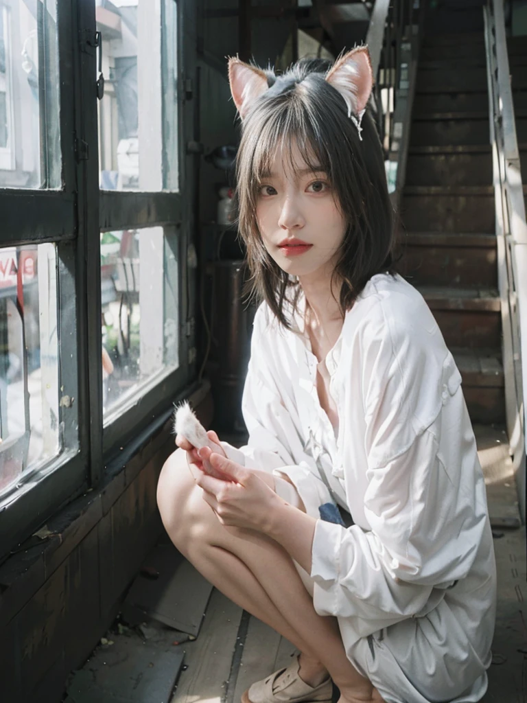 8K,NSFW、stairway、(whitish hair) 、undersized head、White hair、Best Quality, masutepiece, Ultra High Resolution, (Realism: 1.4), Original photo, Colors inspired by red、(True skin texture: 1.3), (Film grain: 1.3), Beautiful eyes and face details, masutepiece, Best Quality, close up, Full body, Look at the viewer,Red Ribbon、Bob cut with gray hair、18year old、White cat ears
