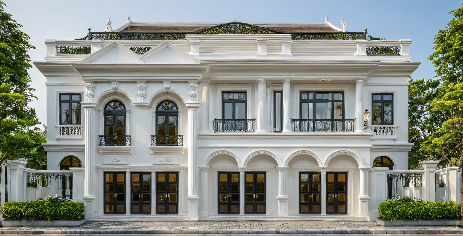 neo classical villa on street, (daylight), tropical tree, vivid colour, streetcapes, white tone, nice detail, white wall, large glass door, warm interior lighting, best quality, masterpiece, ultra realistic