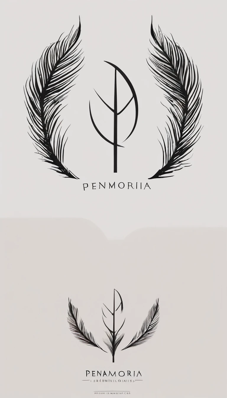 A minimal, modern, simple, cinematic logo design for the brand “Penamemoria". Create a modern, minimalistic, high-quality, logo of a dreamy. fantastic, poetic, masterpiece feather of Memories