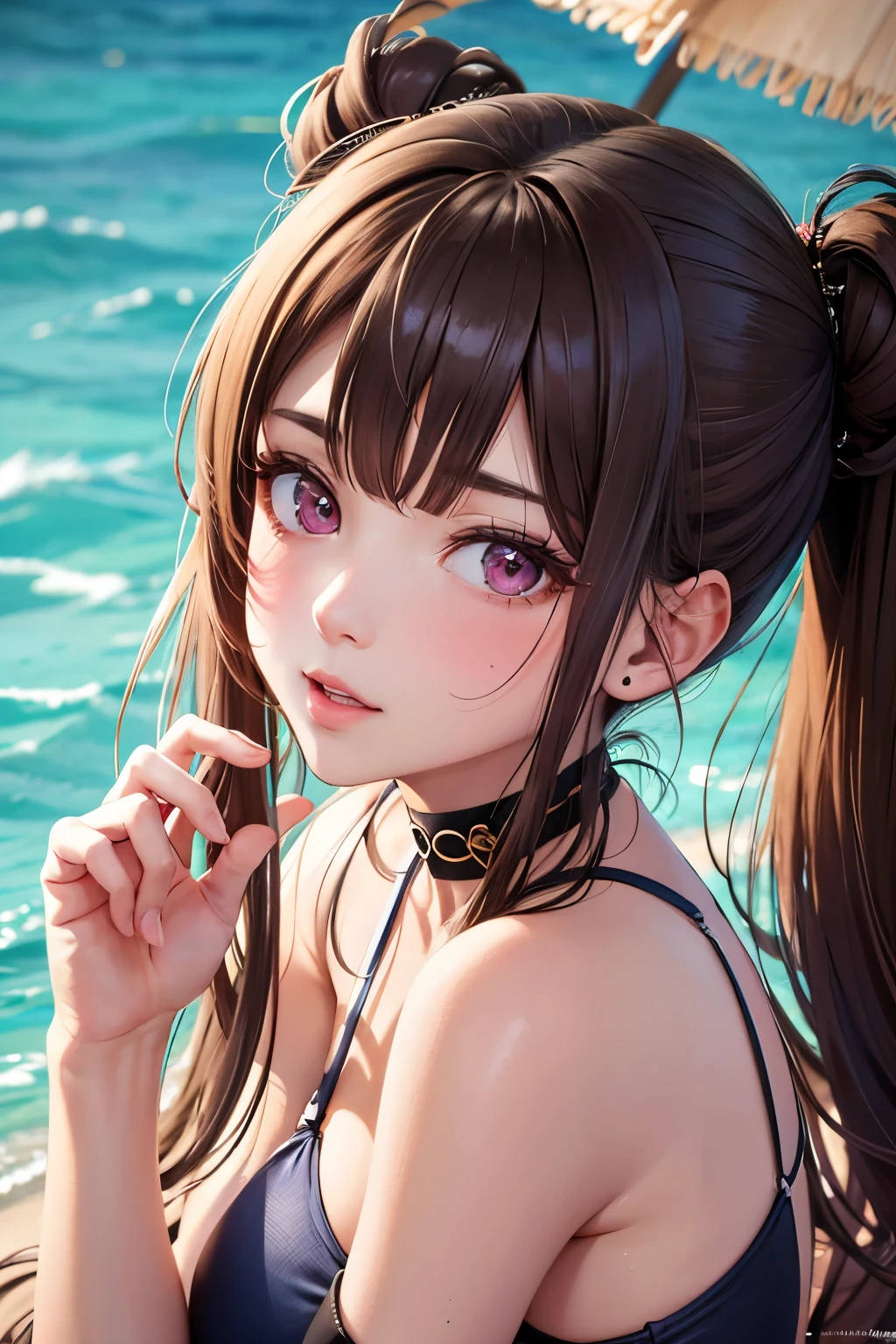 masterpiece, best quality, very detailed, high resolution, expensive resolution, high resolution, 4K, 8k, Unity 8k wallpaper, highly detailed CG, masterpiece, 2D, 3D, beautiful details, depth, fine texture, best quality: 1.3, perfect focus, crisp skin, him,
Very cute anime girl, swimsuit style, expensive brown hair in twin tail bun, cute swimsuit style,
Mole under eye, look at the beholder, expensive, blush, mole, open lips, pink eyes, heart shaped choker